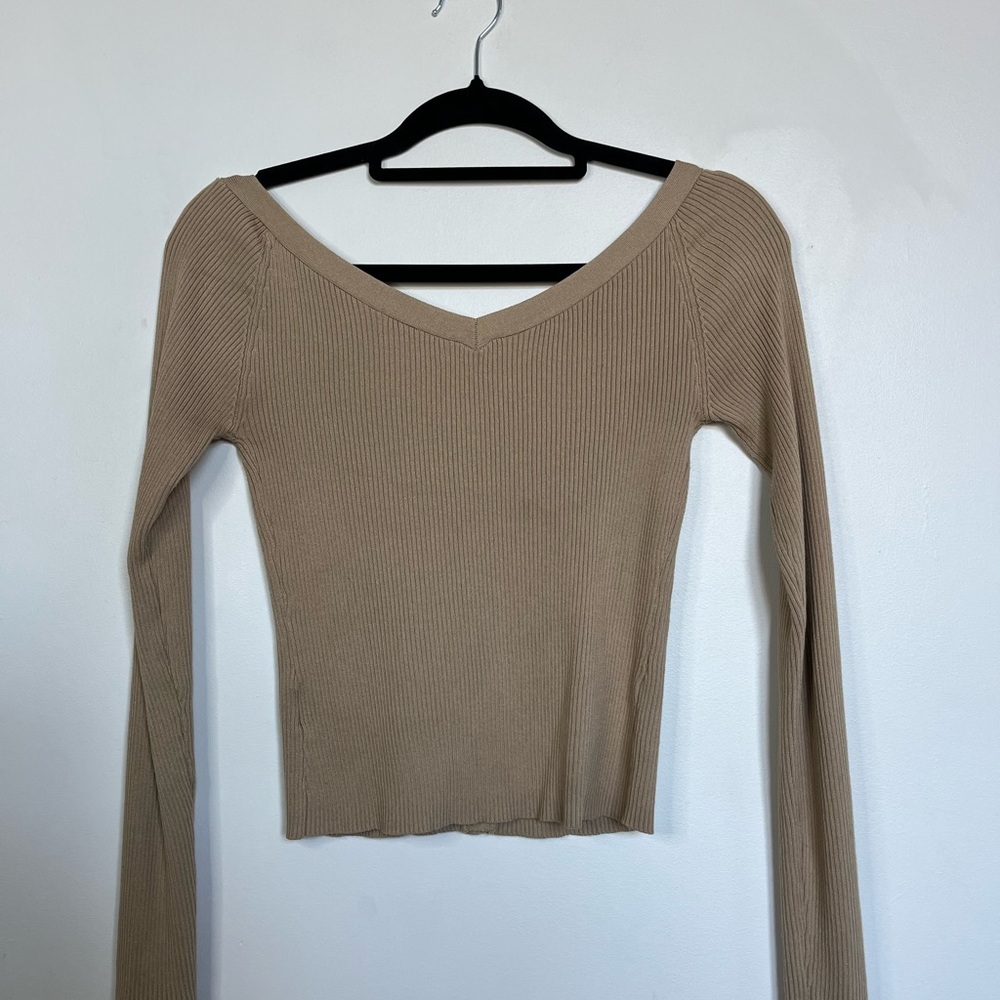 Tan Ribbed Button-Up Women's Top - Picture 3 of 4